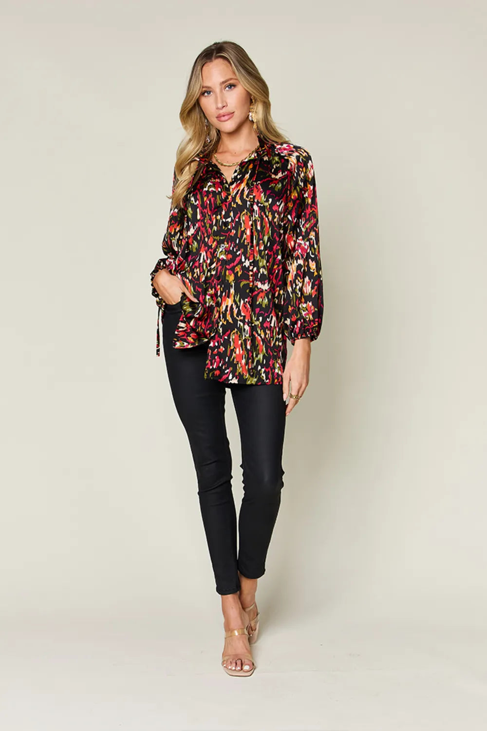 Image of Double Take Full Size Printed Button Up Long Sleeve Shirt | Queeble.shop