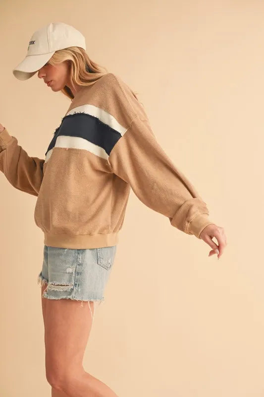 Image of Aemi + Co Raw Hem Contrast Striped Dolman Sleeve Sweatshirt | Queeble.shop