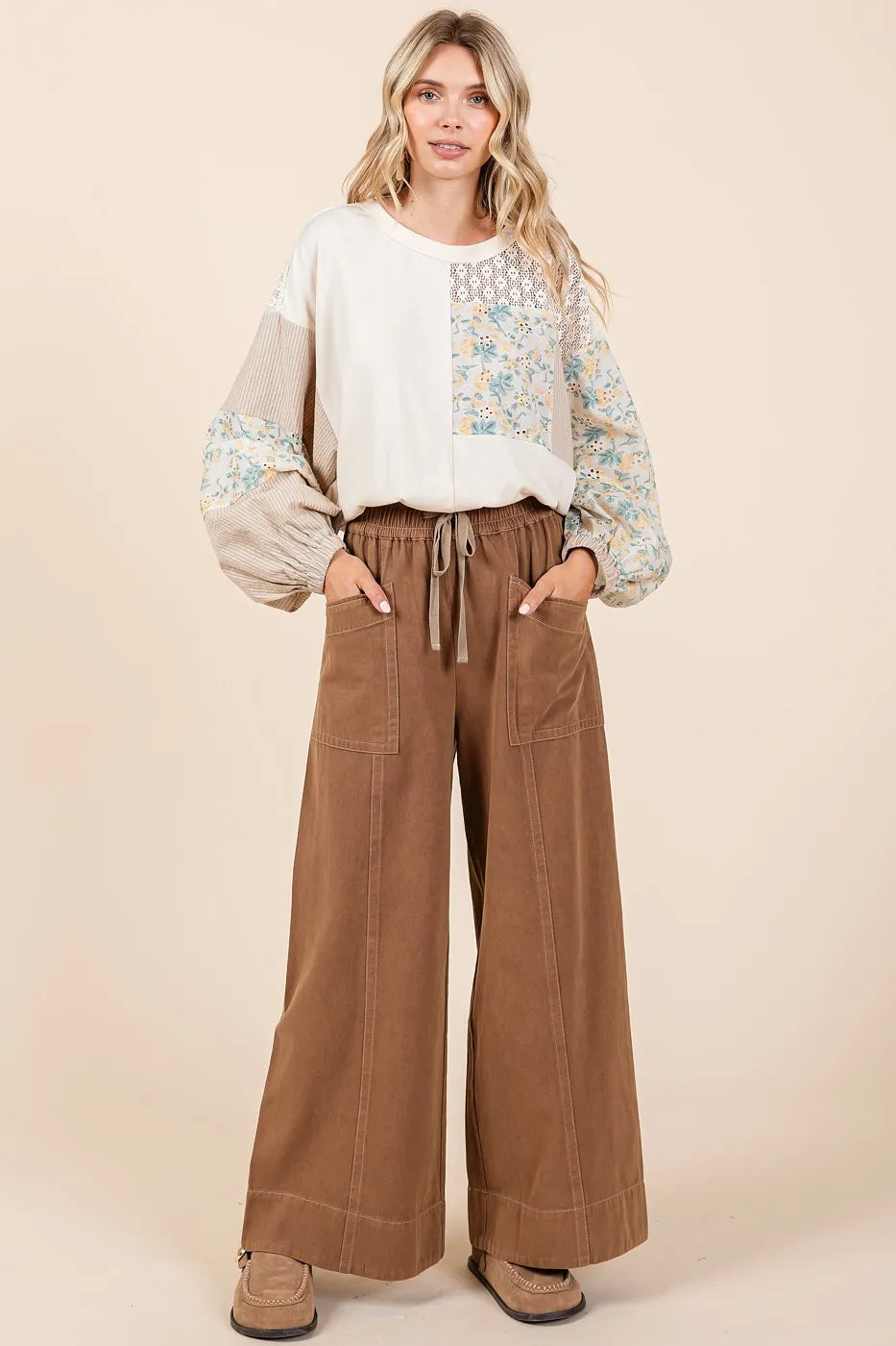 Image of Mittoshop Mineral Wash Wide Leg Elastic Waist Twill Pants | Queeble.shop