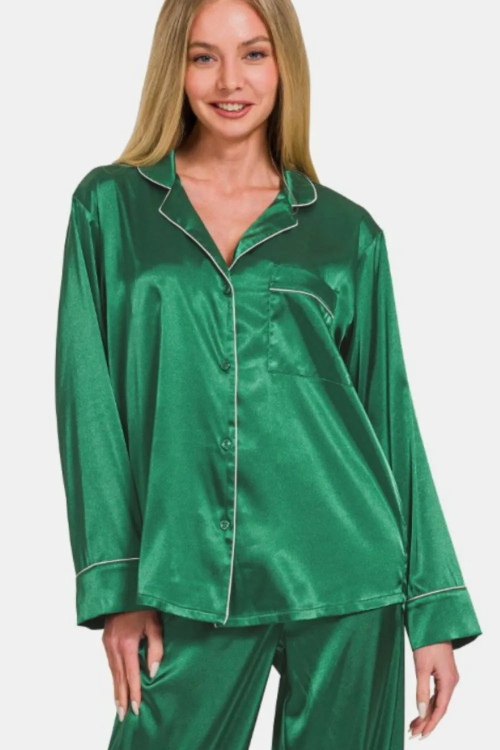 Image of Zenana Satin Long Sleeve Shirt and Pants Pajama Set | Queeble.shop