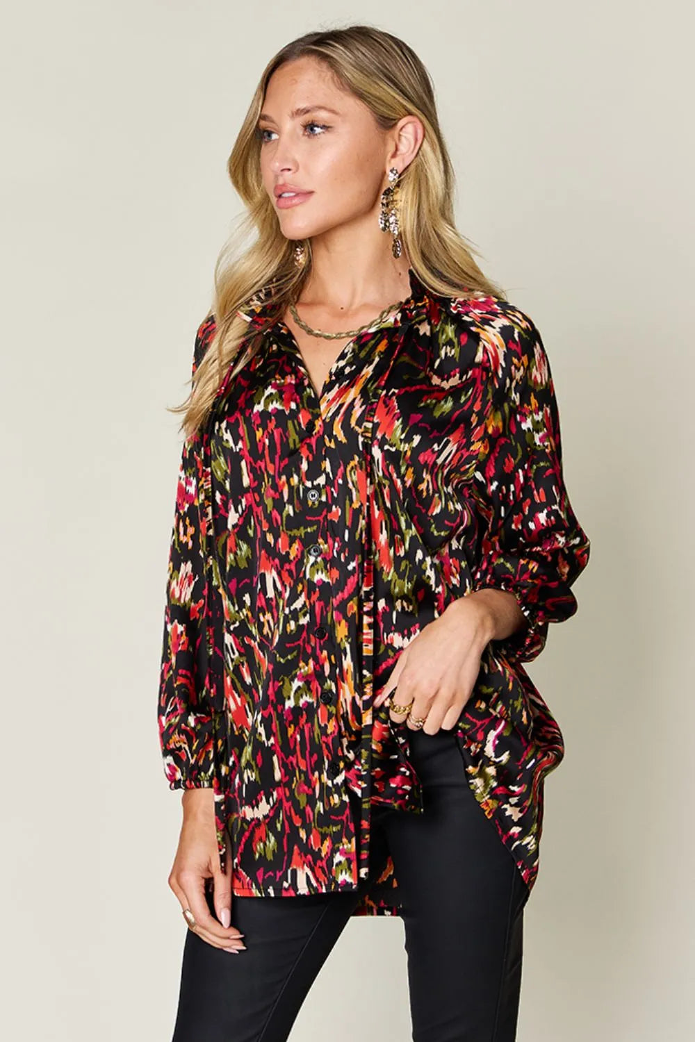 Image of Double Take Full Size Printed Button Up Long Sleeve Shirt | Queeble.shop
