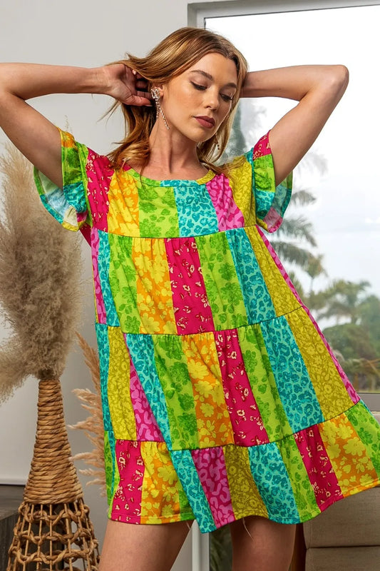 Image of BiBi Leopard Short Sleeve Tiered Dress | Queeble.shop