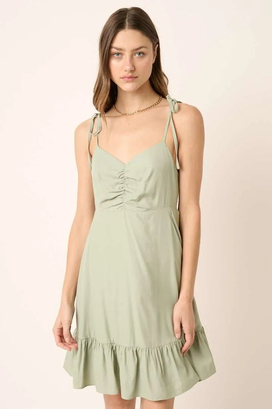 Image of Mittoshop Ruched Detail Spaghetti Tie Mini Dress | Queeble.shop