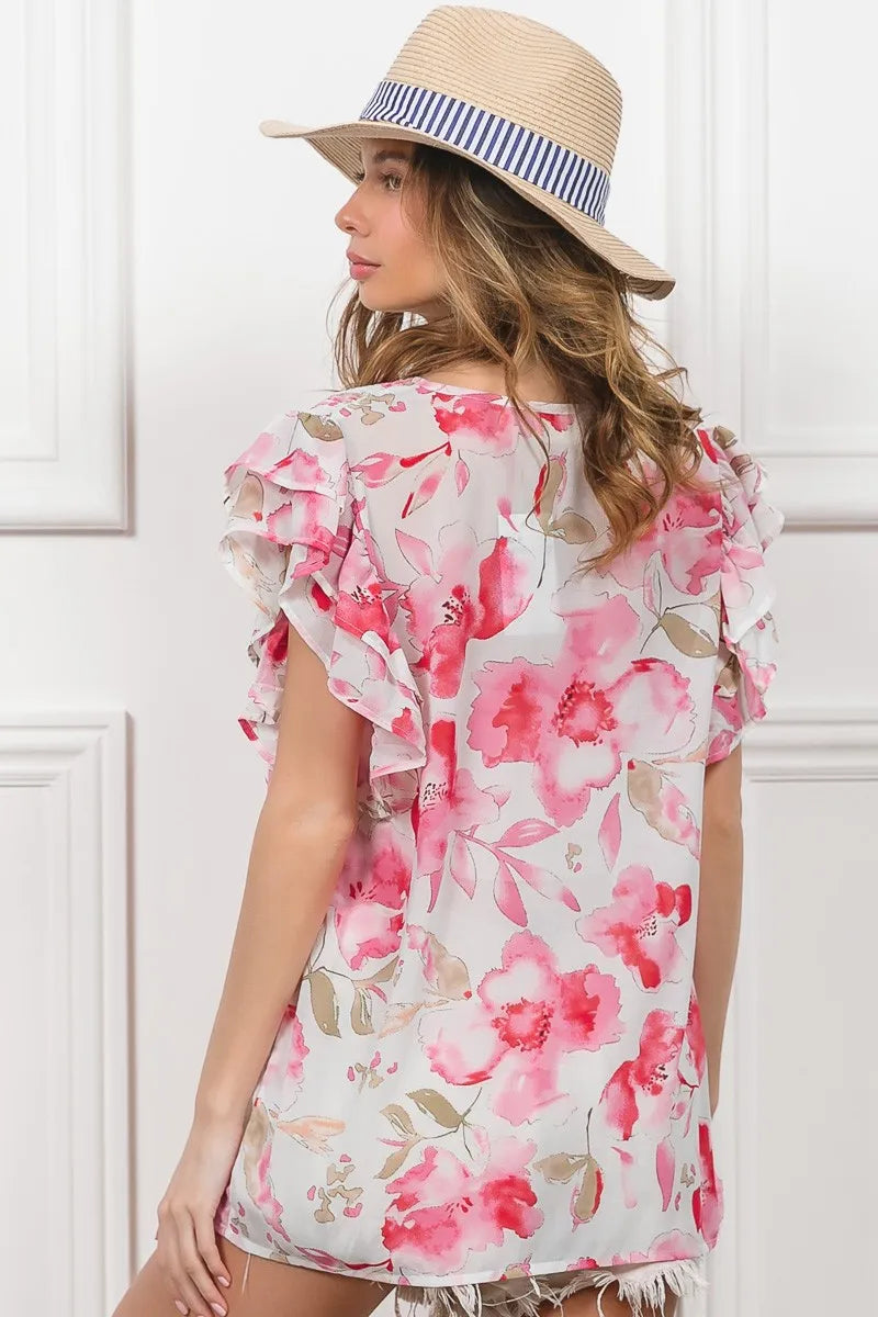 Image of BiBi Floral Print Flutter Sheer Top | Queeble.shop