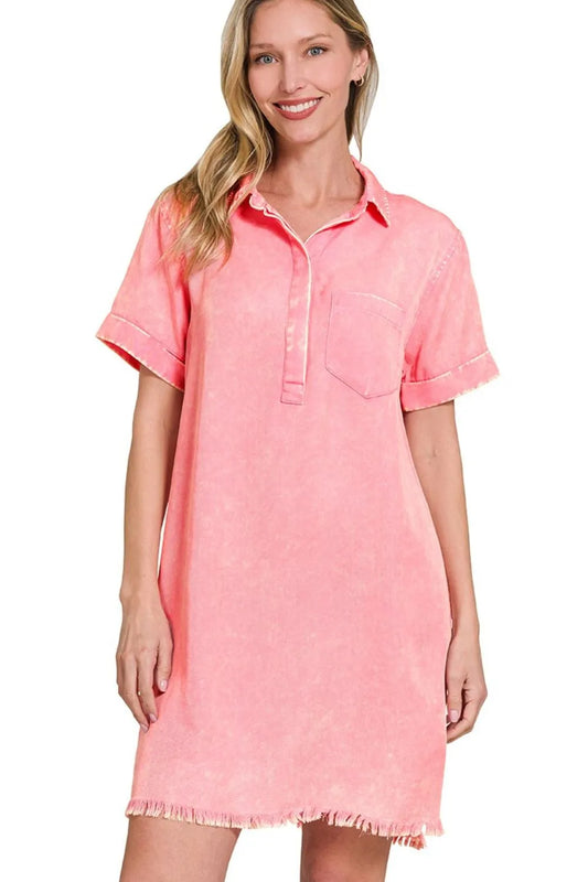 Image of Zenana Tencel Mineral Washed Collared Shirts Dress | Queeble.shop