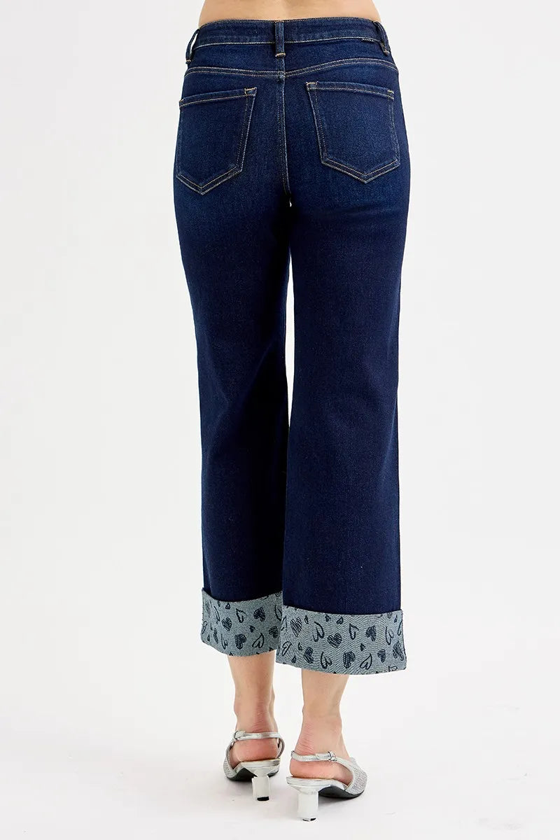 Image of RISEN Full Size Mid Rise Fit Crop Wide With Printed Cuff Jeans Plus Size | Queeble.shop