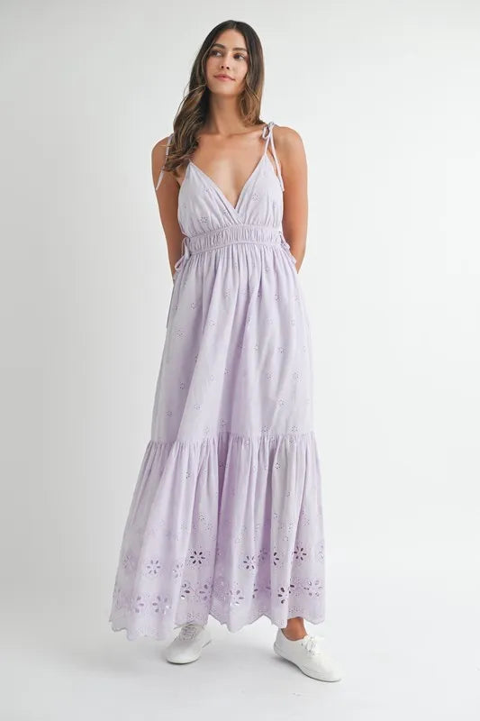 Image of MABLE Eyelet Lace Maxi Dress With Side Strap Details | Queeble.shop