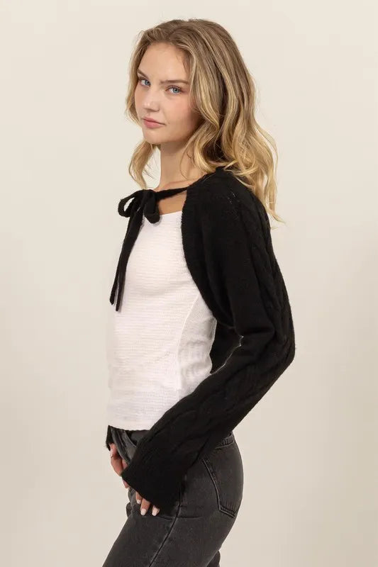 Image of HYFVE Cable-Knit Tie-Front Shrug | Queeble.shop