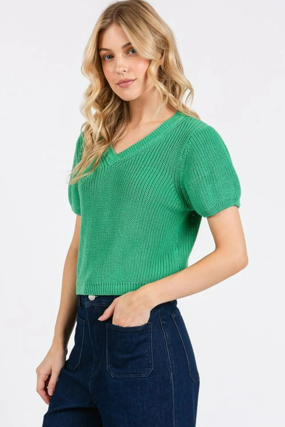 Image of Mittoshop V-Neck Short Sleeve Crop Sweater | Queeble.shop