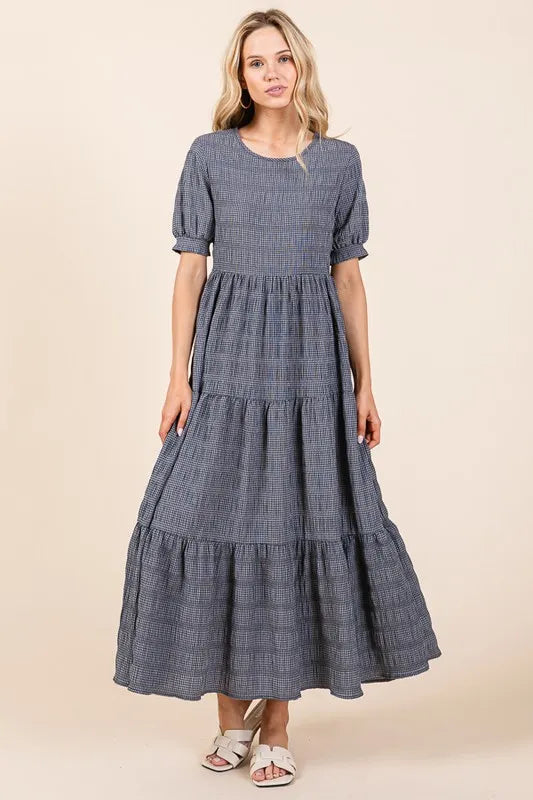 Image of BOMBOM Textured Short Sleeve Tiered Dress | Queeble.shop