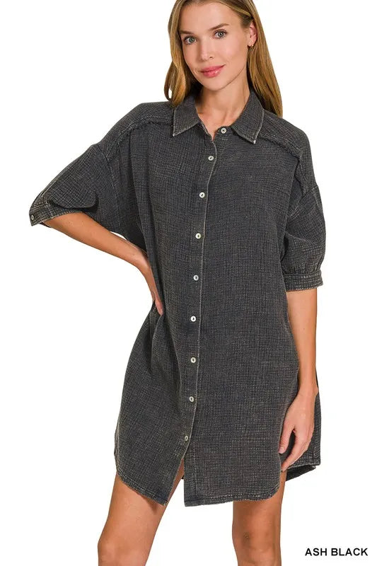 Image of Zenana Washed Double Gauze Button Down Shirt Dress | Queeble.shop