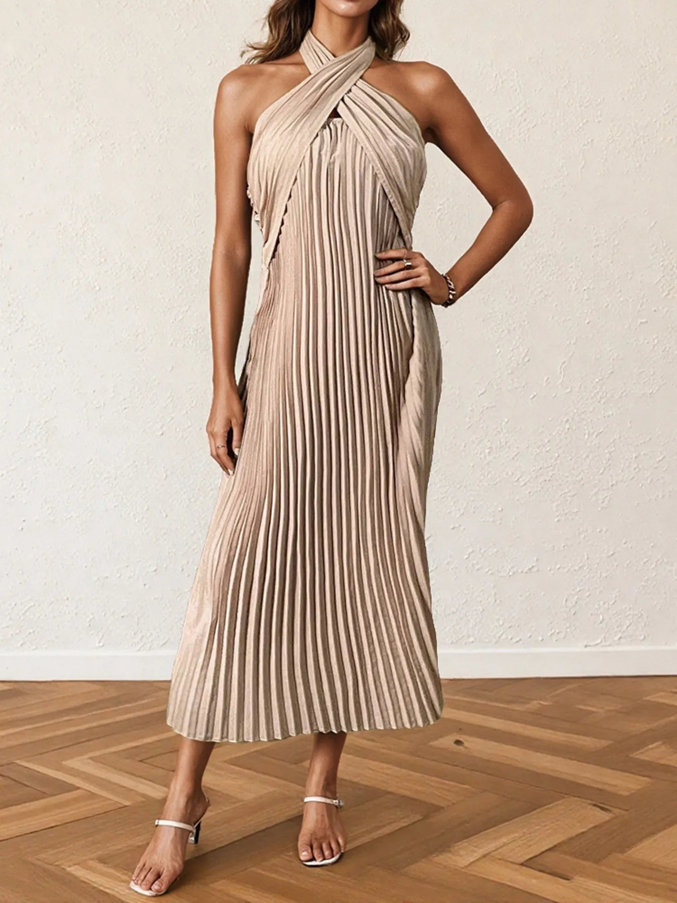 Image of Pleated Halter Neck Midi Dress | Queeble.shop