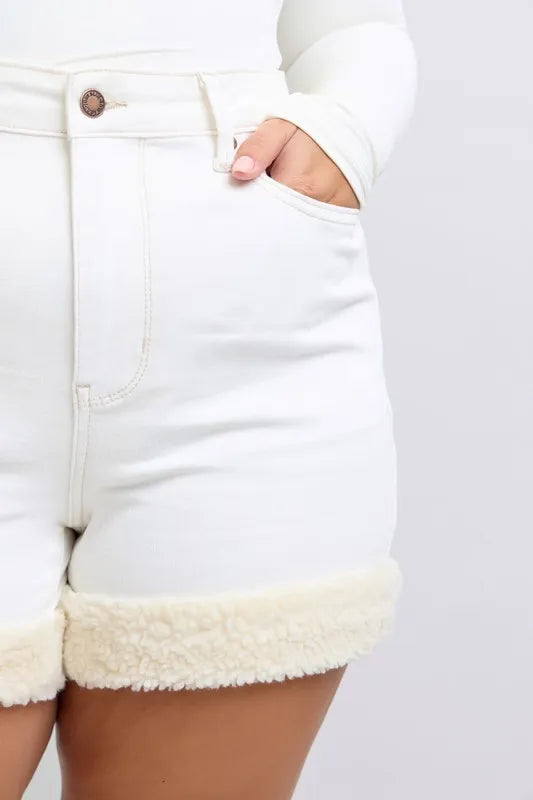 Image of Judy Blue Full Size High Waist Shearling Cuff Denim Shorts Plus Size | Queeble.shop