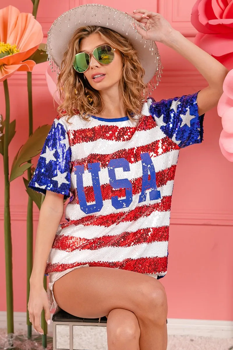 Image of BiBi American Flag Theme USA Lettering Sequin Top | Queeble.shop