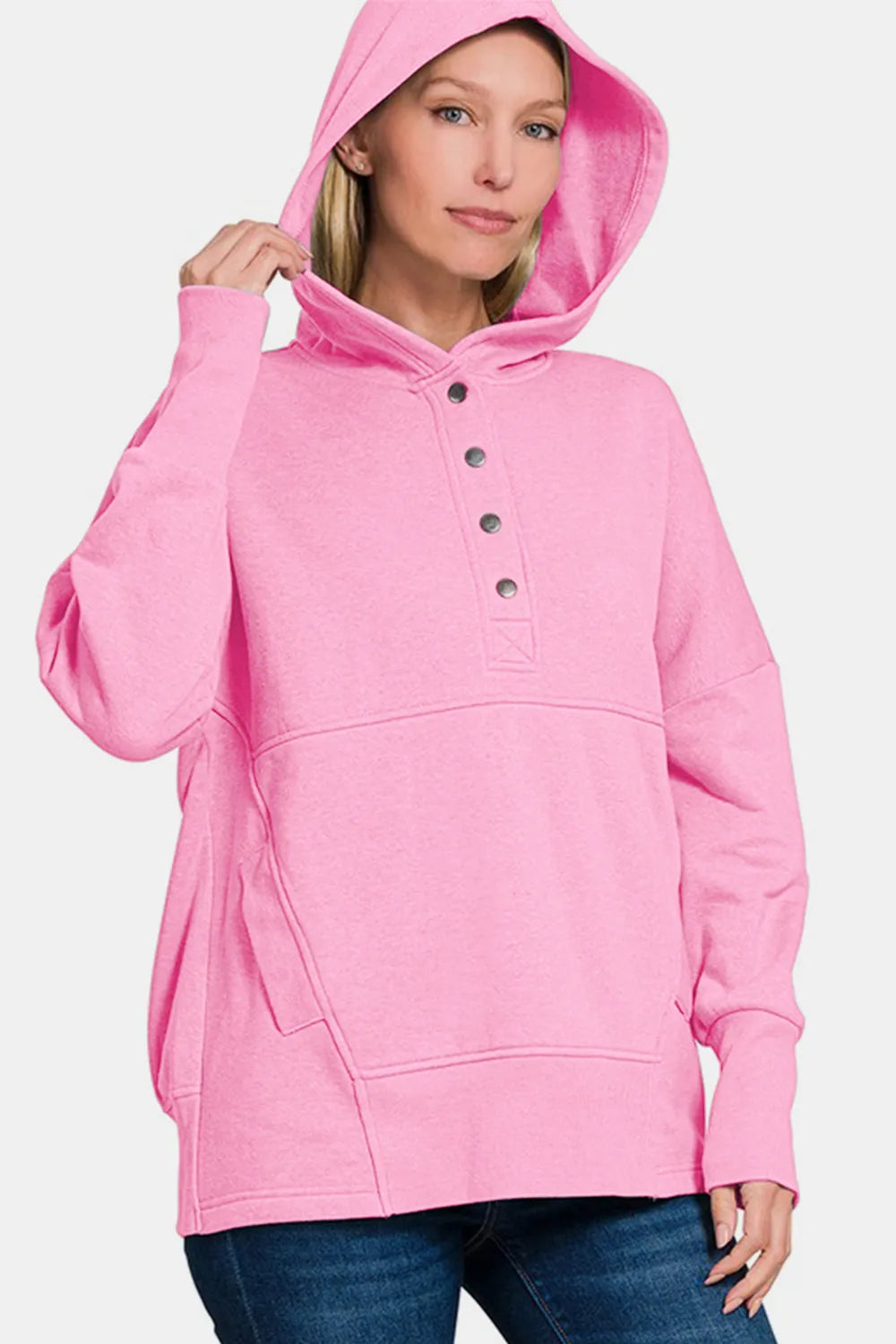 Image of Zenana Half Snap Long Sleeve Hoodie with Kangaroo Pocket | Queeble.shop
