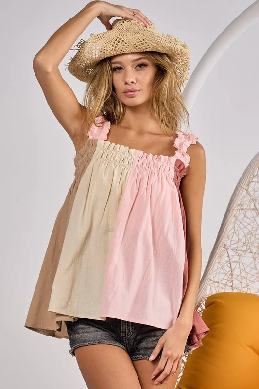 Image of BiBi Frill Shoulder Strap Color Block Bodice Top | Queeble.shop