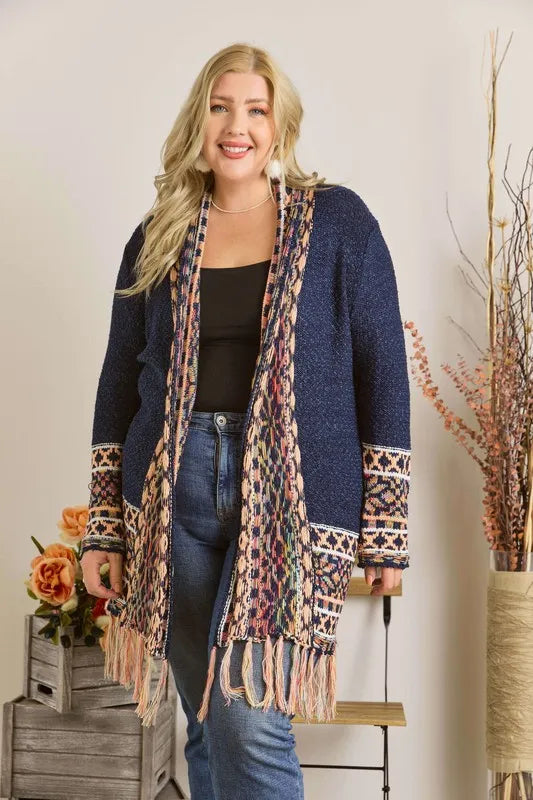 Image of ADORA Full Size Fringe Hem Aztec Border Cardigan Plus Size | Queeble.shop