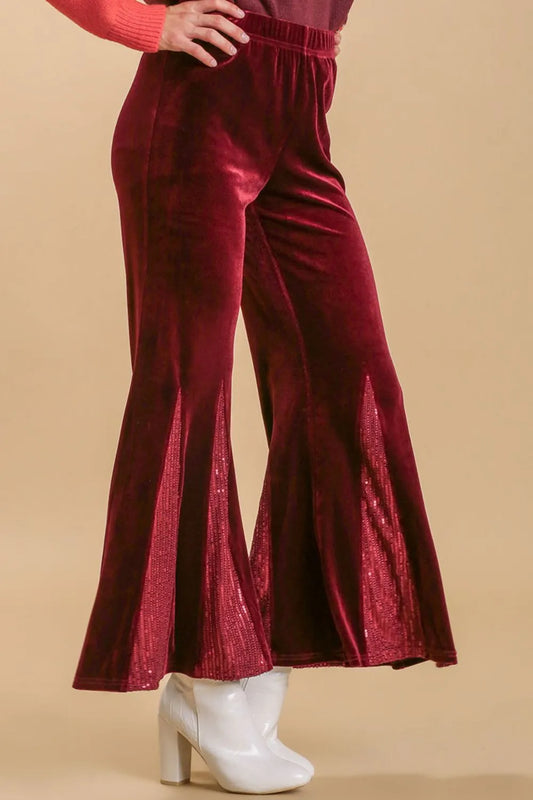Image of Umgee Full Size Sequin Elastic Waist Velvet Stretch Flare Leg Pants Plus Size | Queeble.shop