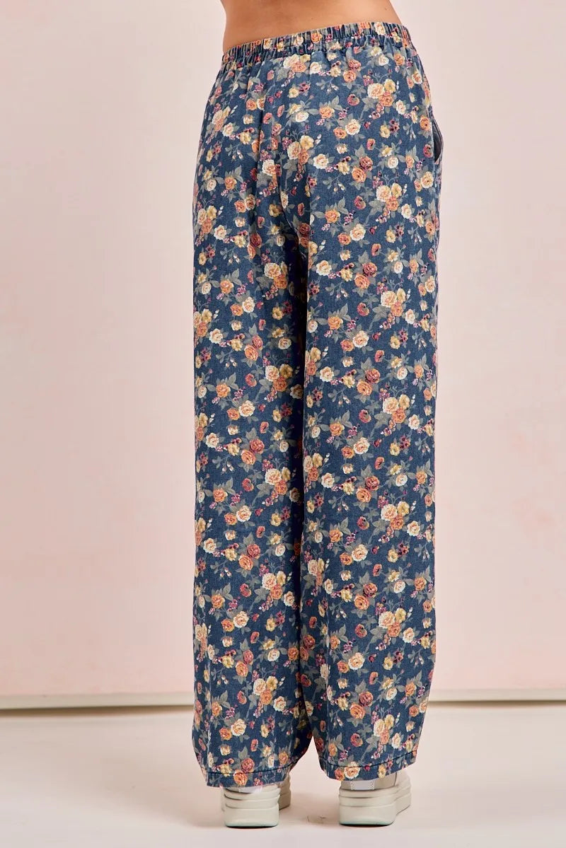Image of BiBi Washed Floral Print Wide Leg Jeans | Queeble.shop