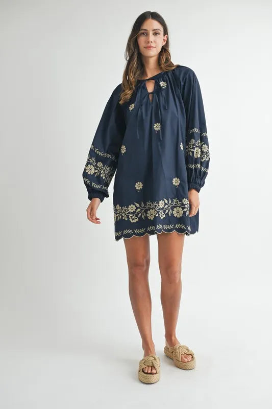 Image of MABLE Embroidered Long Sleeve Peasant Mini Dress | Queeble.shop
