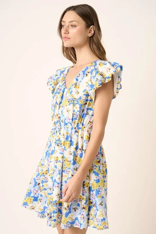 Image of Mittoshop Floral V-Neck Cap Sleeve Mini Dress | Queeble.shop