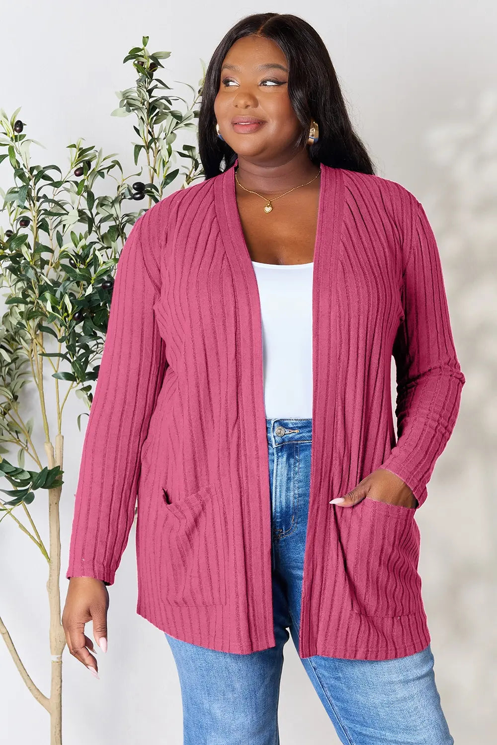 Image of Basic Bae Full Size Ribbed Open Front Cardigan with Pockets | Queeble.shop