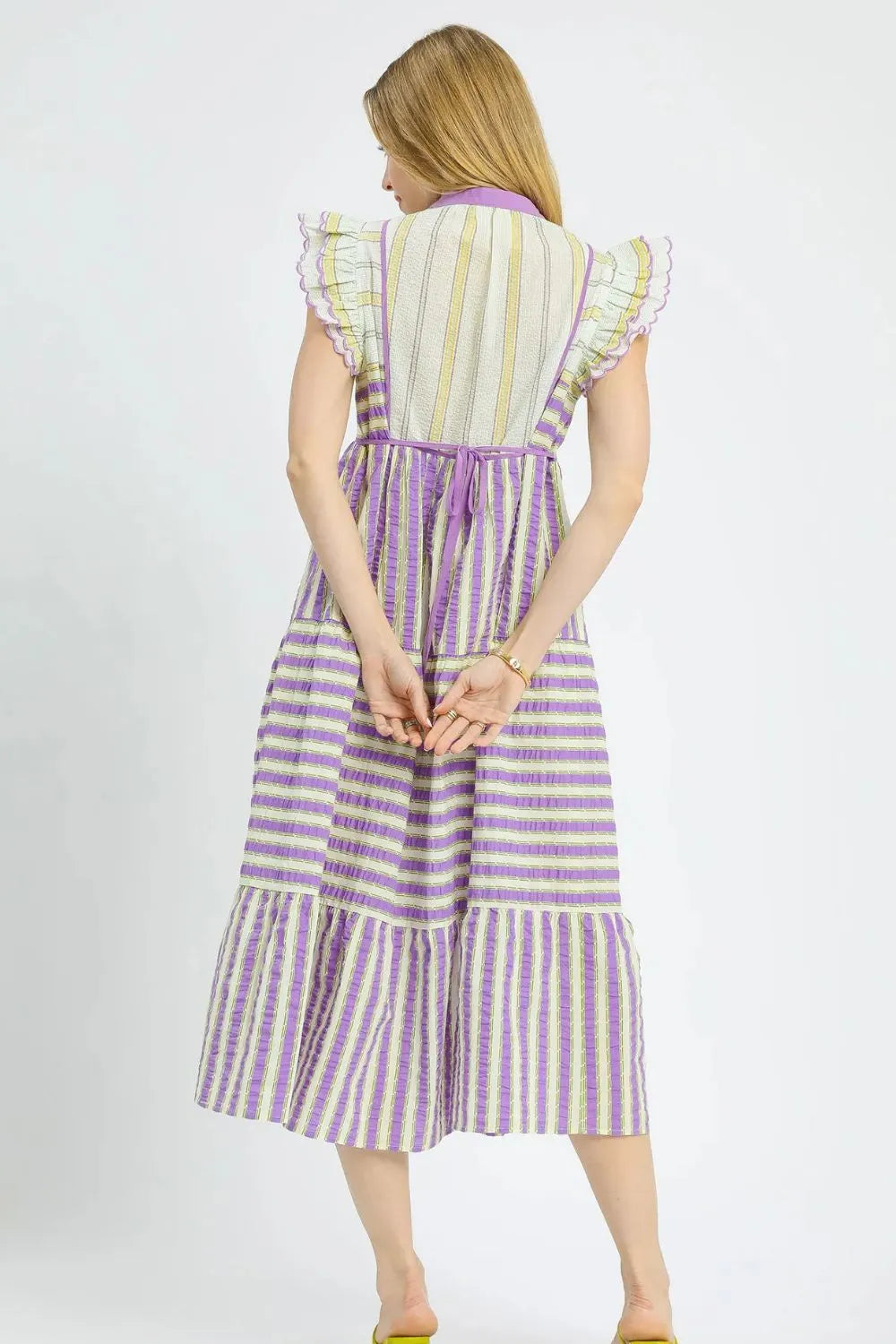 Image of Umgee Striped Ruffle Cap Sleeve Midi Dress | Queeble.shop