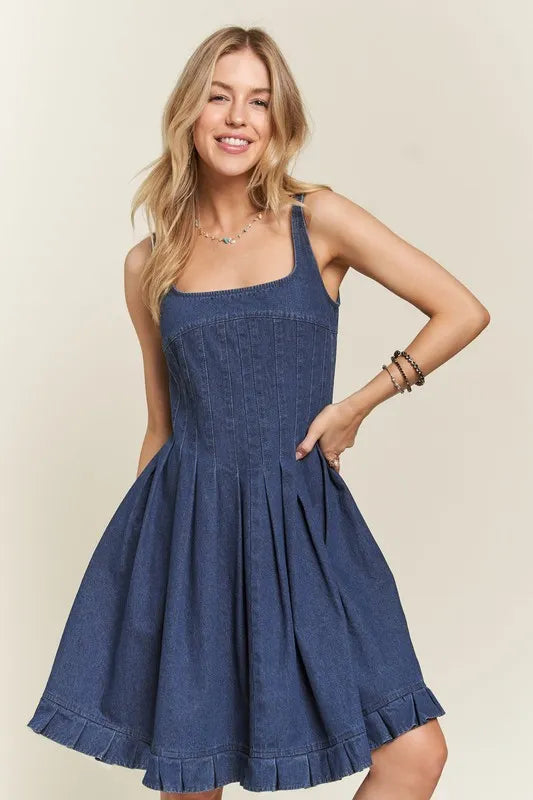 Image of ADORA Smocked Back Square Neck Denim Dress | Queeble.shop