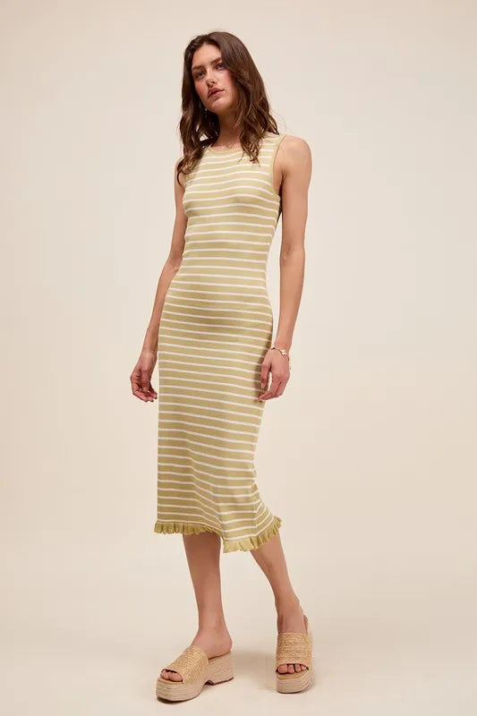 Image of SO ME Stripe Sleeveless Sweater Knit Maxi Dress With Ruffled Hem | Queeble.shop