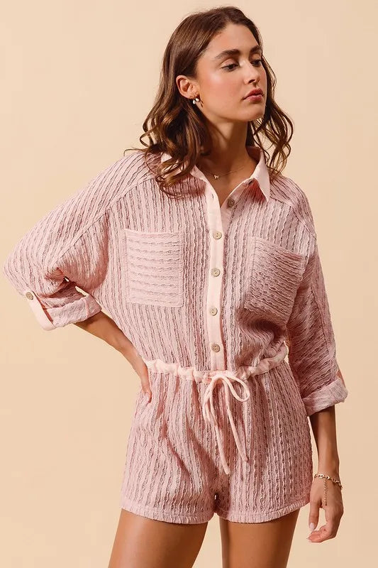 Image of SO ME Textured Knit Button Front Romper | Queeble.shop