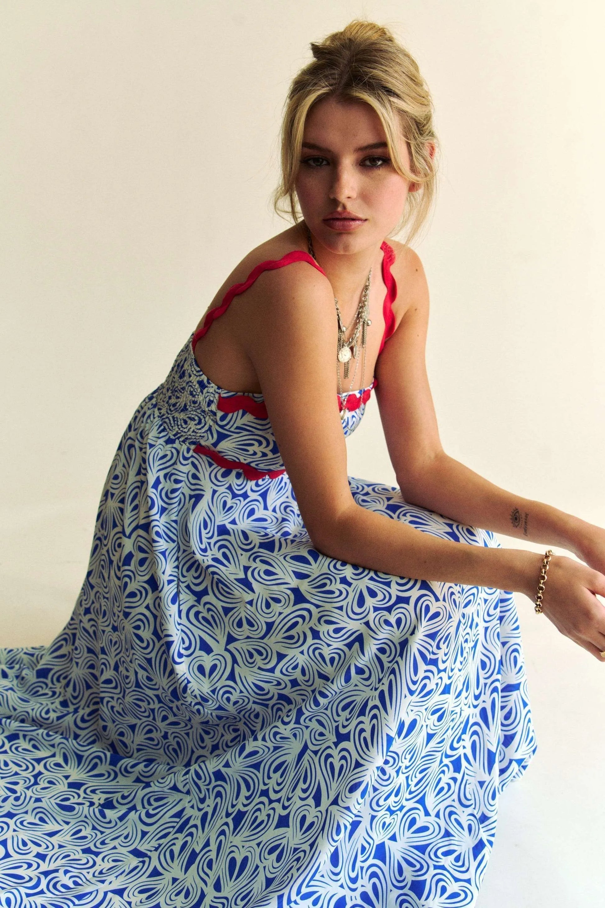 Image of Davi & Dani Geo 2 Tone Printed Wavi Trim Tiered Maxi Dress | Queeble.shop