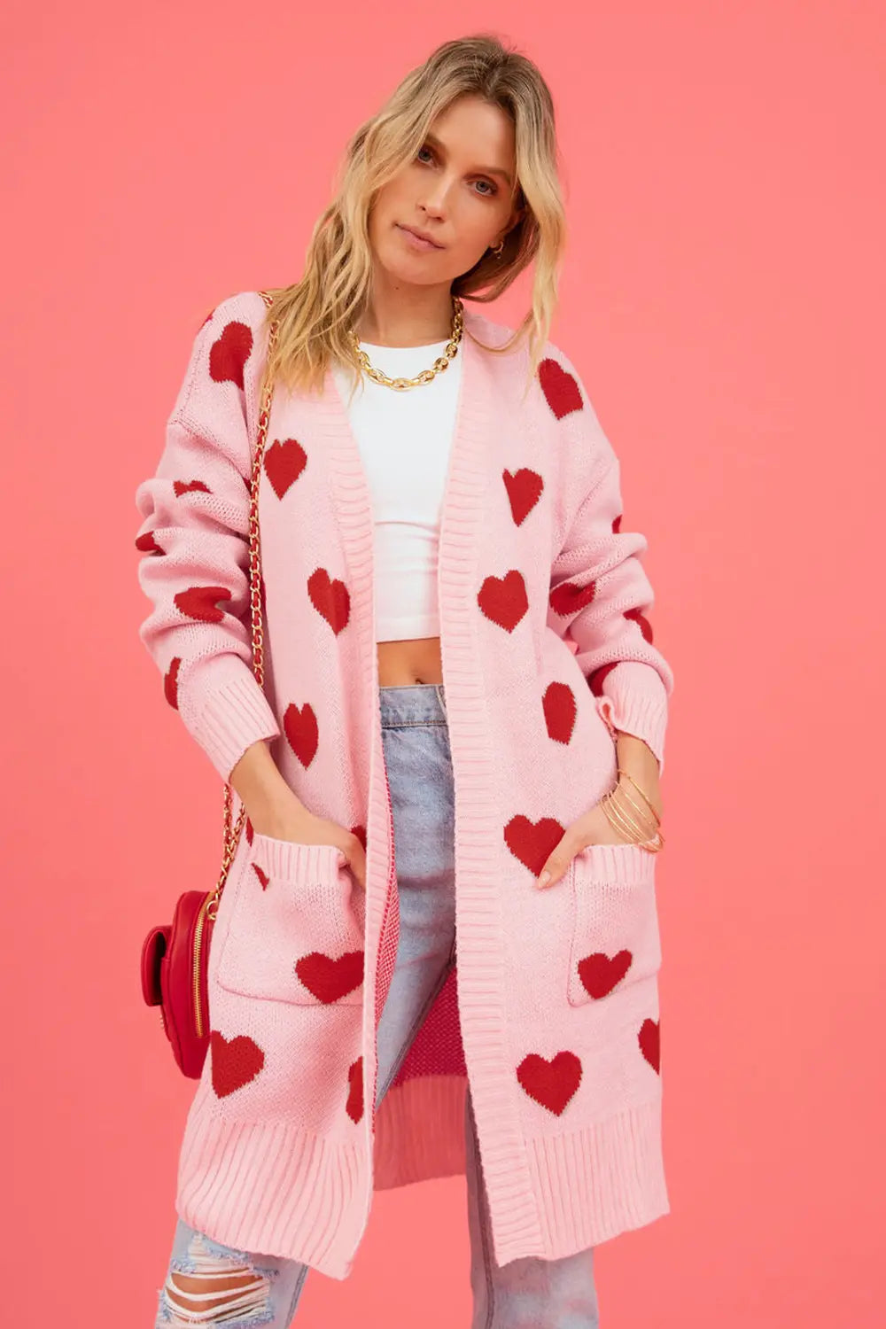Image of Heart Graphic Open Front Cardigan with Pockets | Queeble.shop