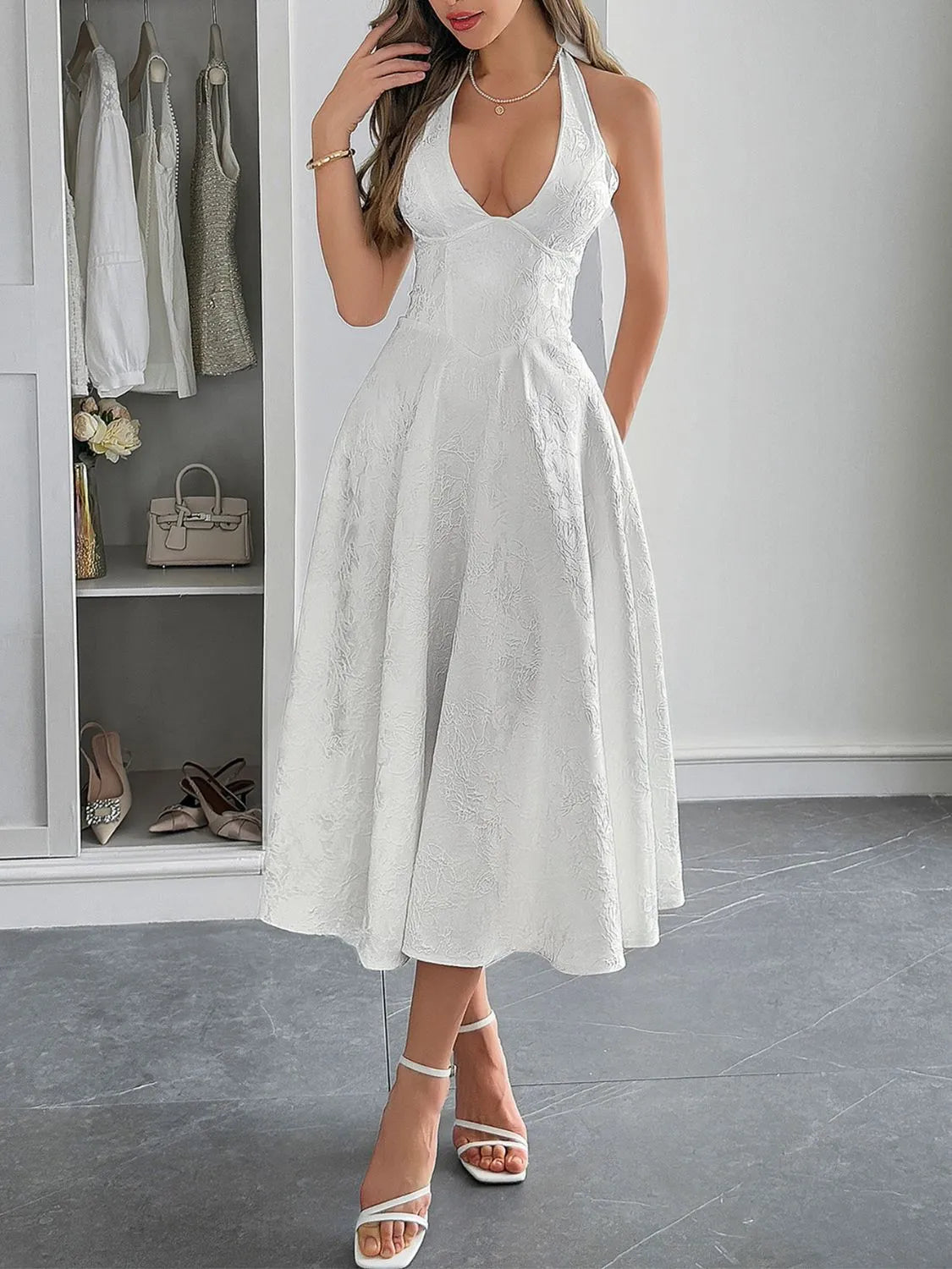 Image of Halter Neck Midi Dress with Pockets | Queeble.shop