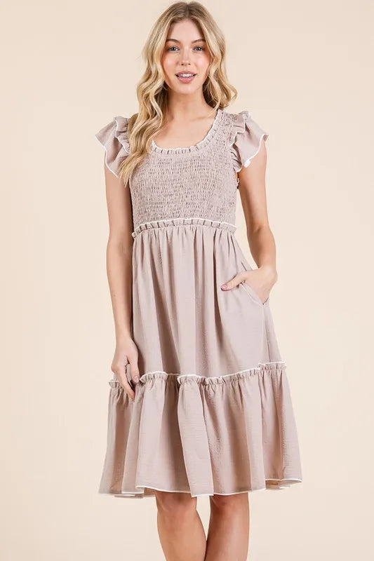 Image of Lime 'N' Chili Ruffle Trim Smocked Dress with Contrast | Queeble.shop