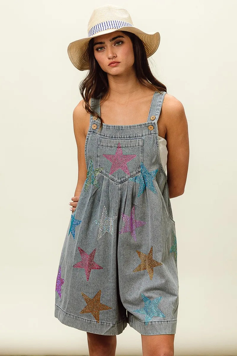Image of BiBi Star Rhinestone Washed Wide Leg Shortalls | Queeble.shop