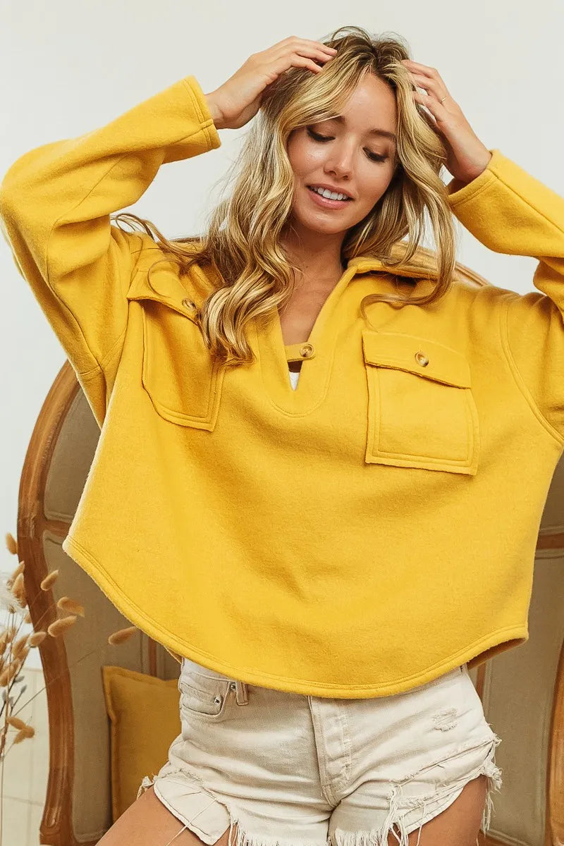 Image of BiBi Flap Pockets Fleece Collared Sweatshirt | Queeble.shop