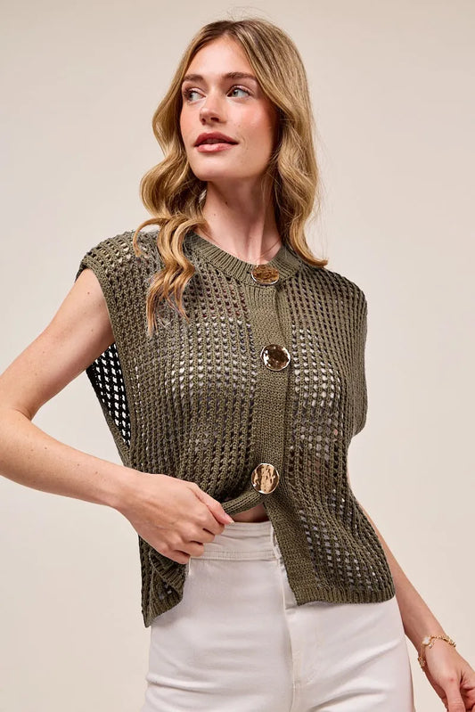Image of SO ME Big Metal Button Front Openwork Sweater Vest | Queeble.shop