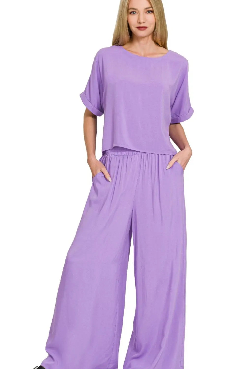Image of Zenana Round Neck T-Shirt and Wide Leg Pants Set | Queeble.shop