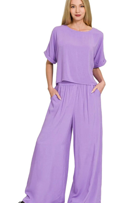 Image of Zenana Round Neck T-Shirt and Wide Leg Pants Set | Queeble.shop