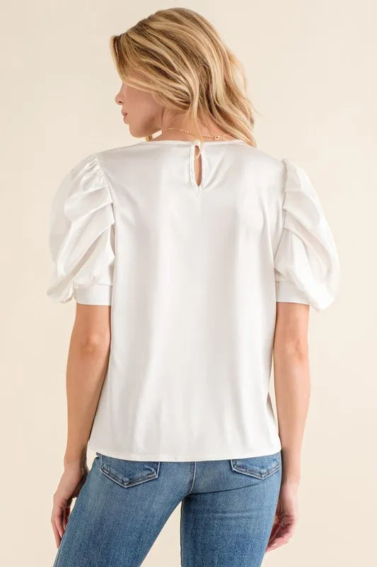 Image of And The Why Plain Satin Puff Shirring V Neck Blouse Top | Queeble.shop