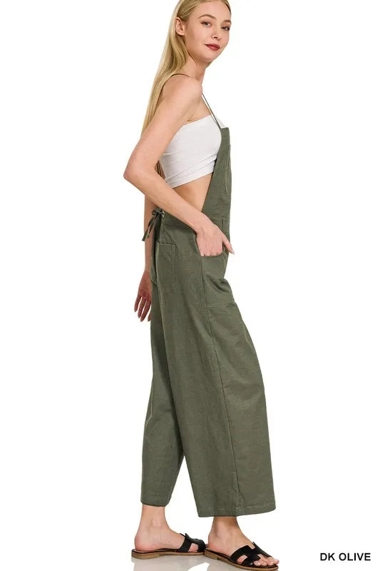 Image of Zenana Woven Spaghetti Strap Overalls | Queeble.shop