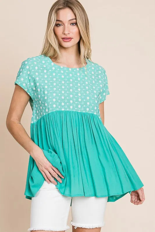 Image of Lime 'N' Chili Full Size Embroidered Short Sleeve Pleated Babydoll Top Plus Size | Queeble.shop