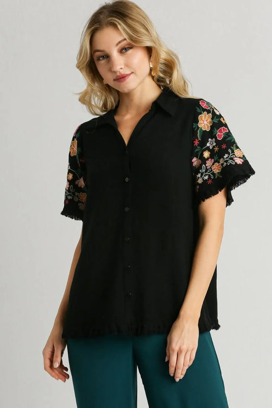Image of Umgee Full Size Linen Shirt with Embroidered Sleeves Plus Size | Queeble.shop