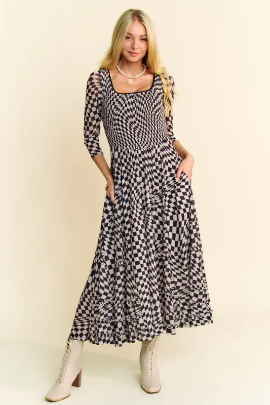 Image of Davi & Dani Printed Checker Mesh Flowy Maxi Dress | Queeble.shop
