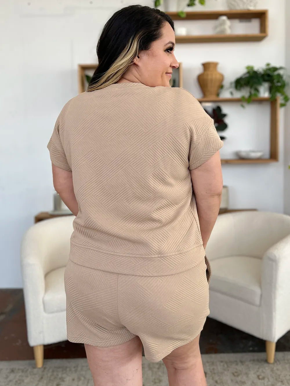 Image of Double Take Full Size Texture Short Sleeve T-Shirt and Drawstring Shorts Set | Queeble.shop
