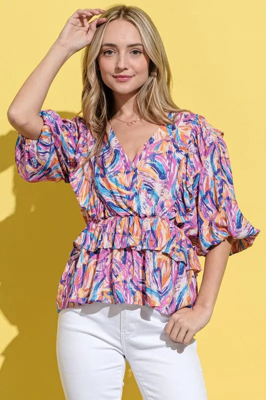 Image of And The Why Printed Lantern Sleeve Blouse | Queeble.shop