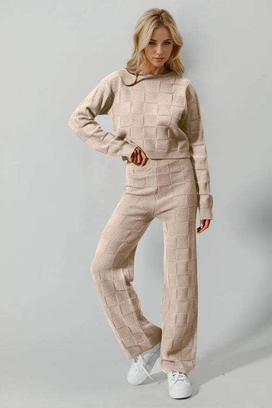 Image of Double Take Full Size Checkered Round Neck Top and Pants Set | Queeble.shop
