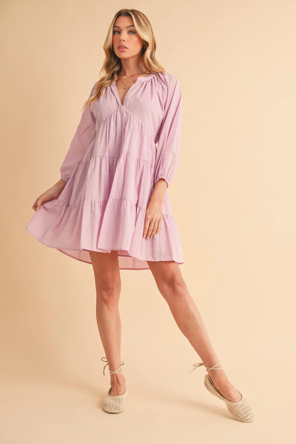 Image of Aemi + Co Notched Balloon Sleeve Tiered Mini Dress | Queeble.shop