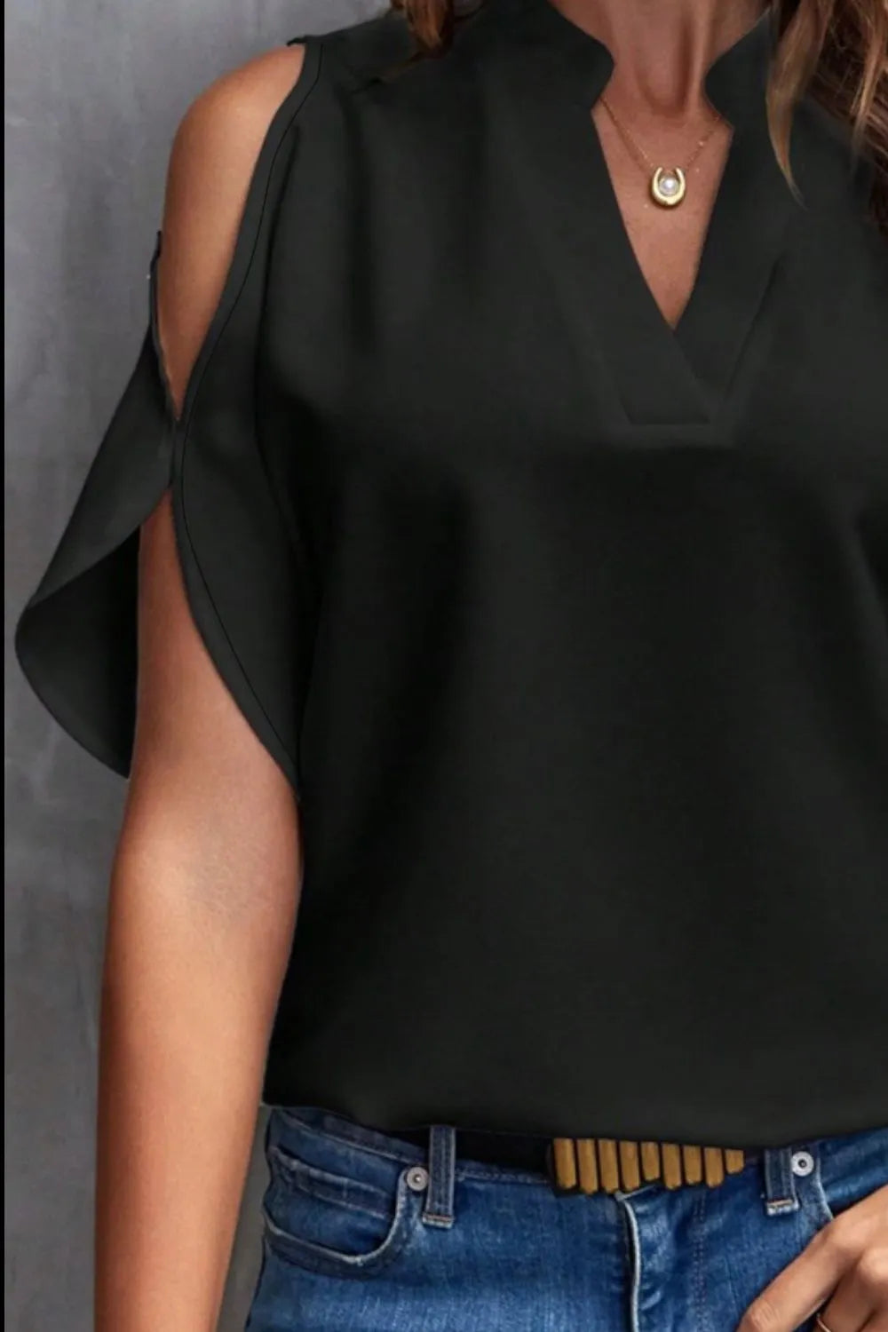Image of Notched Cold Shoulder Blouse | Queeble.shop
