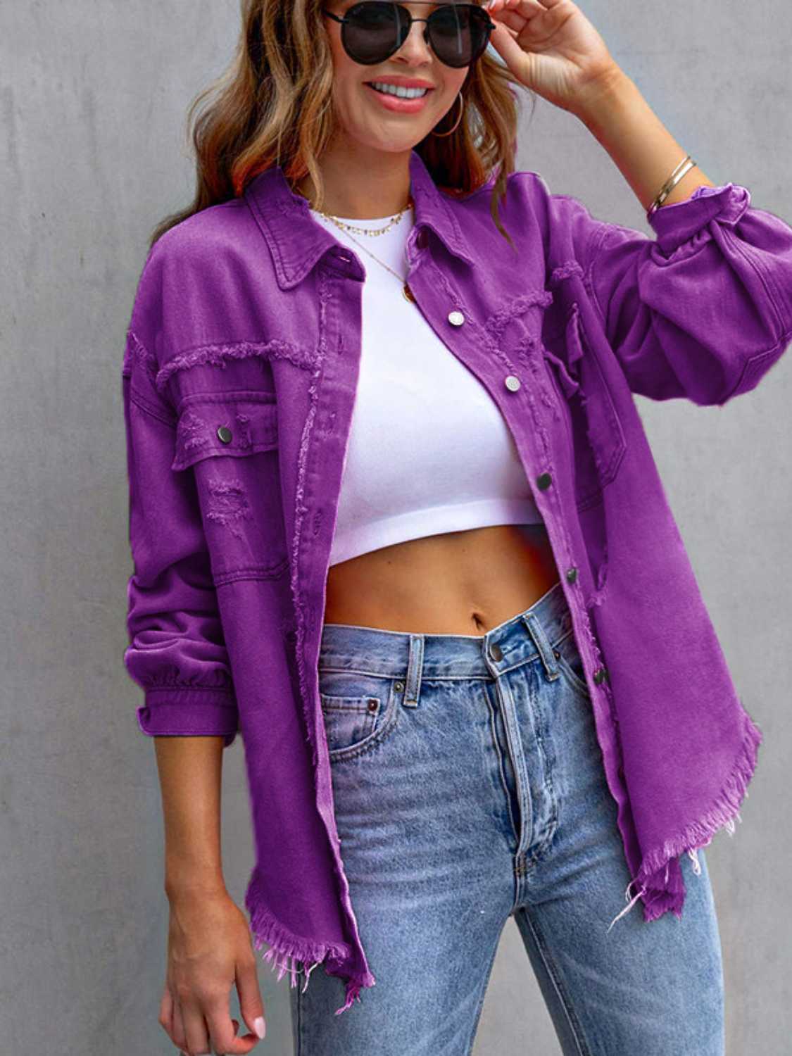 Image of Distressed Drop Shoulder Denim Jacket | Queeble.shop